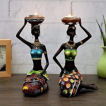 African Women Candle Holder - 8.5" Resin Sculpture Candlestick