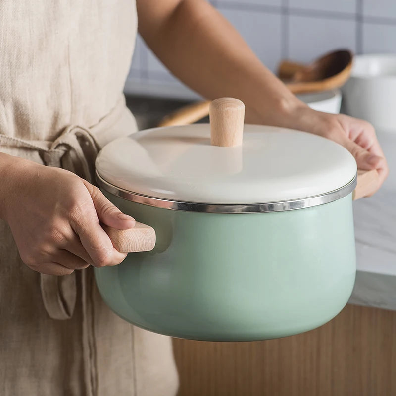 Northern European Enamel Saucepan with Wood Handle Induction-Compatible Milk Pot & Stew Pan - Image 3