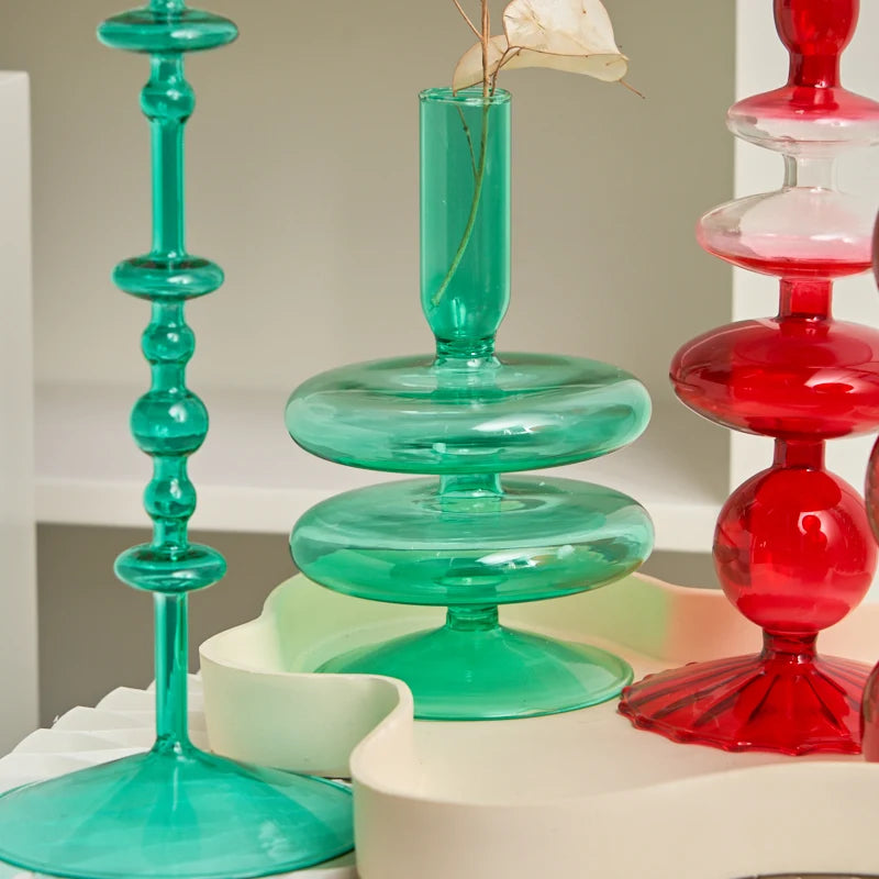 Festive Glass Taper Candle Holders | Red & Green Christmas Candlestick Collection - Image 2