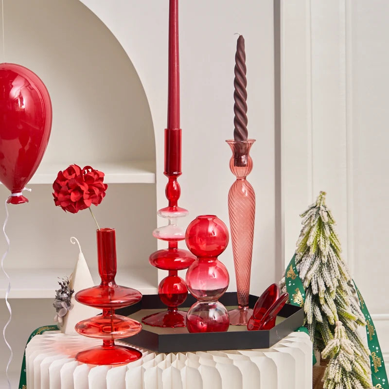 Festive Glass Taper Candle Holders | Red & Green Christmas Candlestick Collection - Image 4