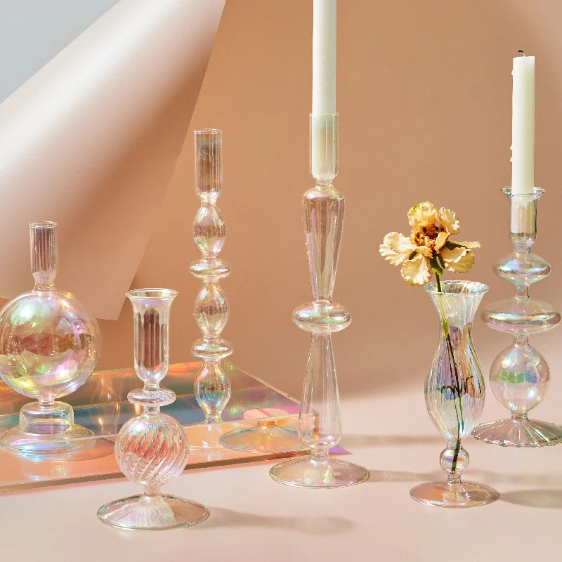 Iridescent Rainbow Glass Candle Holders & Vase Collection
