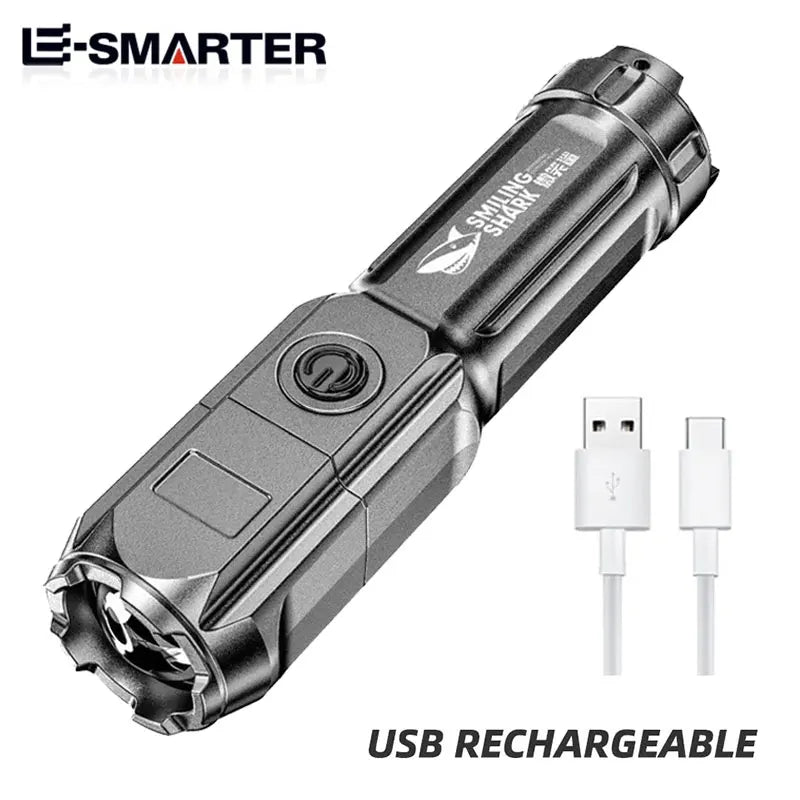 Tactical LED Flashlight - Telescopic Zoom, High Power Rechargeable Torch