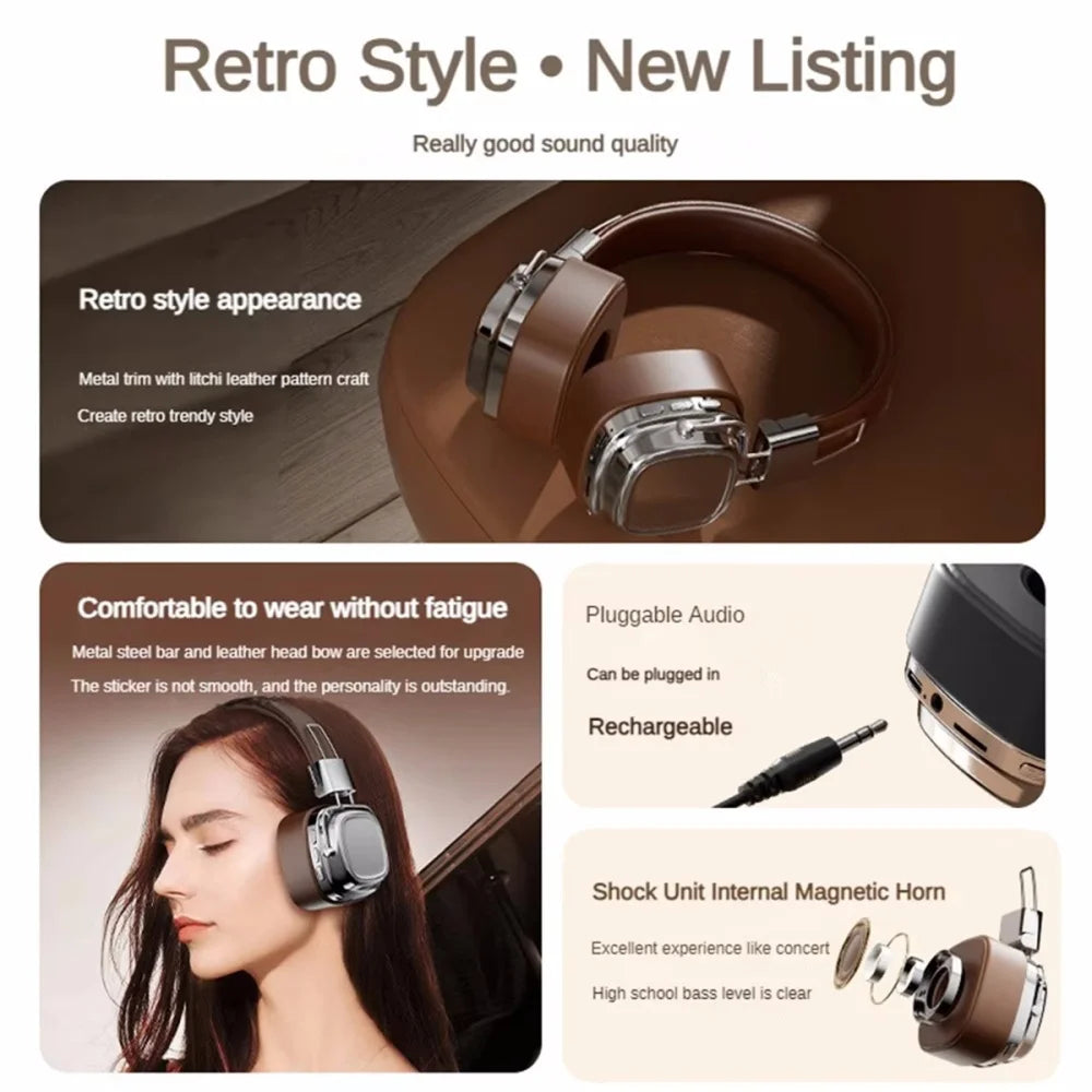 Foldable Bluetooth 5.3 Headphones - Retro Over-Ear Wireless Headset - Image 4